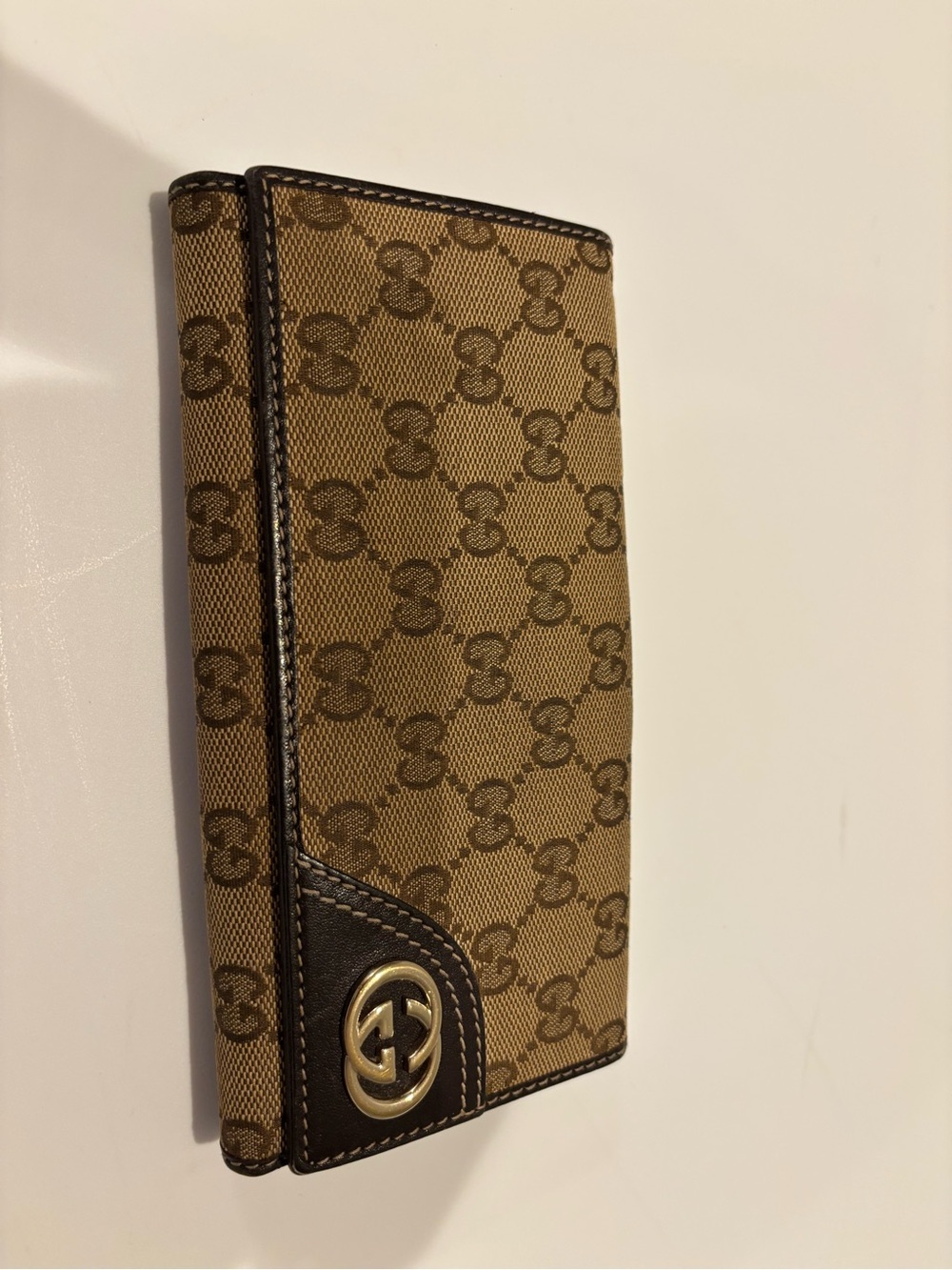 Gucci Brown Monogram Long Card Holder with Gold Emblem